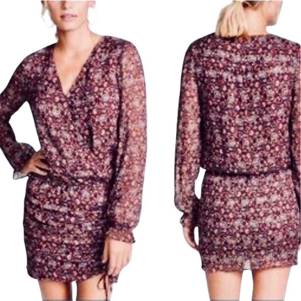 Ramy Brook Burgundy Paisley Print Dress Sz L Long Sleeve Ruched Hem Boho Style